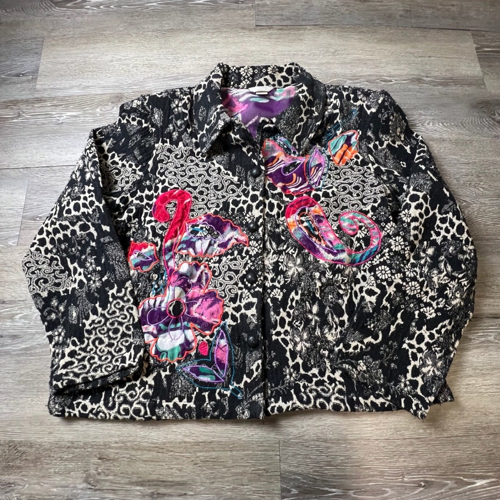 Christopher &‎ Banks Jacket Womens L Black White Floral Animal Print Art to Wear